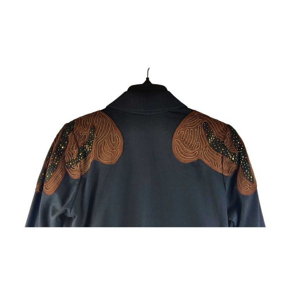 Vtg 80s Black Blazer Leather Shoulder Accent Knit Sz M Karina Open Front Jacket - Picture 2 of 10